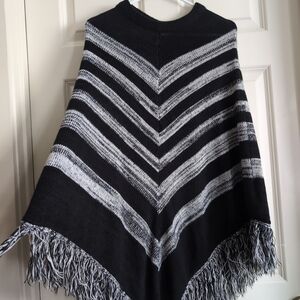 Black and white heathered striped poncho with fringe